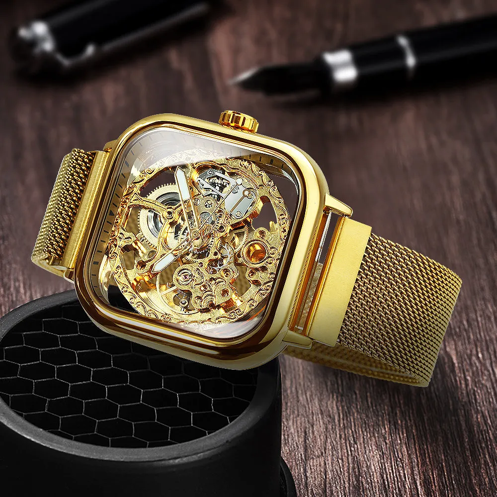 Vintage Gold Square Skeleton Automatic Mechanical Watch Engraving Movement Unisex Winding Watches for Men Stainless Steel Strap Forsining