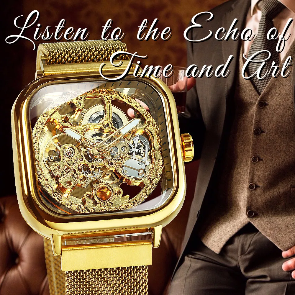 Vintage Gold Square Skeleton Automatic Mechanical Watch Engraving Movement Unisex Winding Watches for Men Stainless Steel Strap Forsining