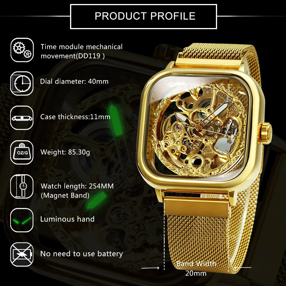 Vintage Gold Square Skeleton Automatic Mechanical Watch Engraving Movement Unisex Winding Watches for Men Stainless Steel Strap Forsining