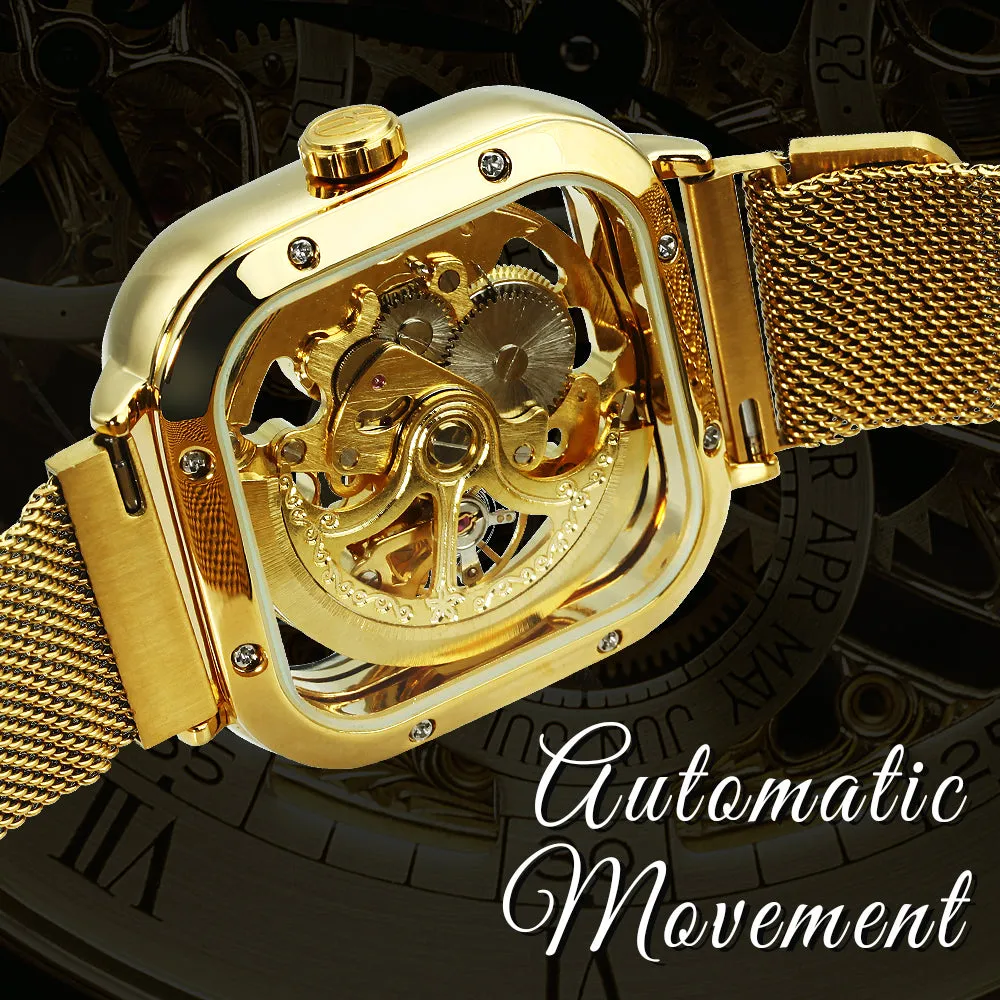 Vintage Gold Square Skeleton Automatic Mechanical Watch Engraving Movement Unisex Winding Watches for Men Stainless Steel Strap Forsining