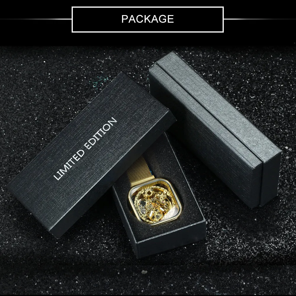 Vintage Gold Square Skeleton Automatic Mechanical Watch Engraving Movement Unisex Winding Watches for Men Stainless Steel Strap Forsining