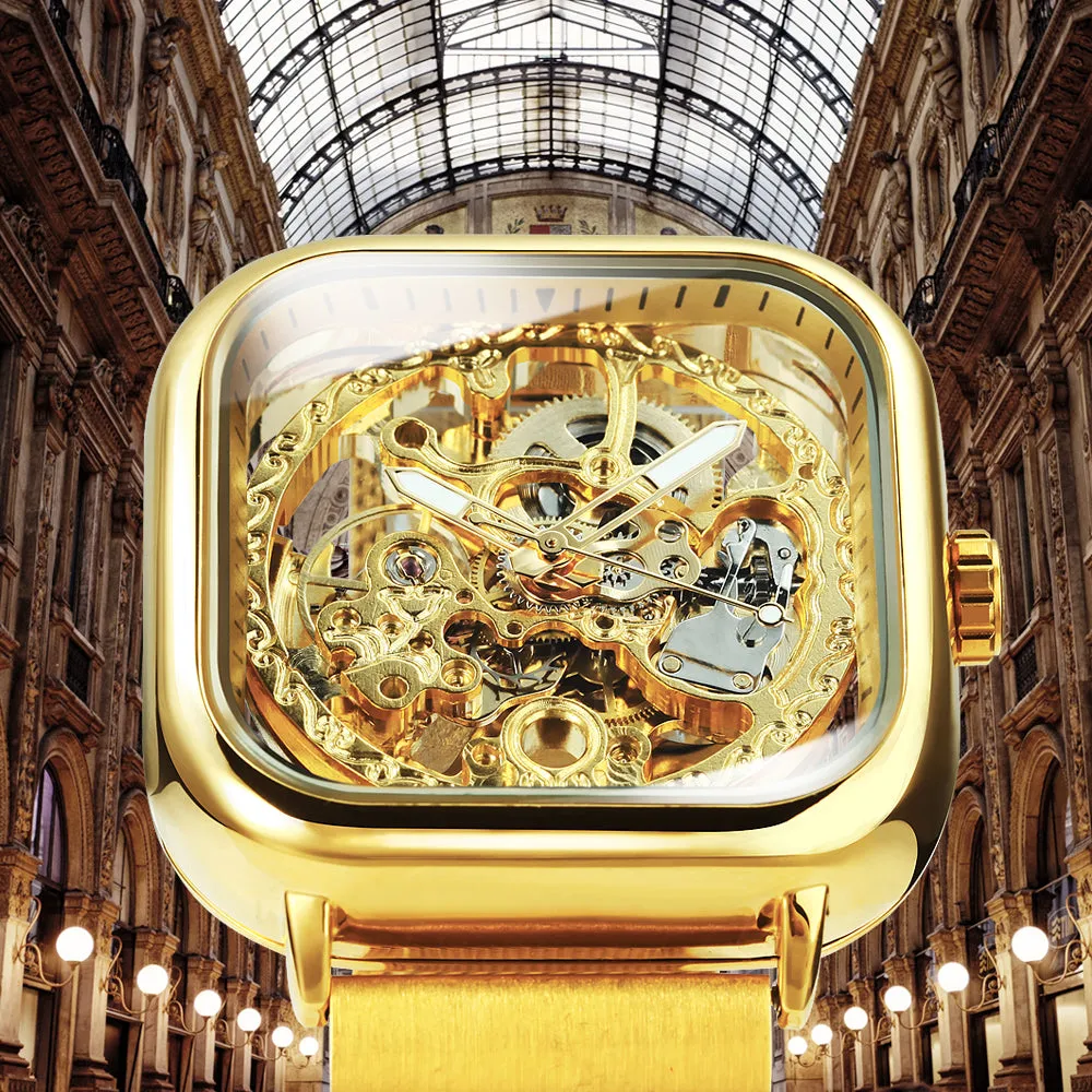 Vintage Gold Square Skeleton Automatic Mechanical Watch Engraving Movement Unisex Winding Watches for Men Stainless Steel Strap Forsining