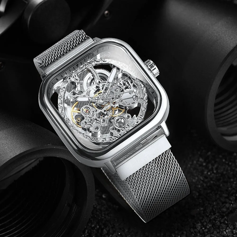 Vintage Gold Square Skeleton Automatic Mechanical Watch Engraving Movement Unisex Winding Watches for Men Stainless Steel Strap Forsining