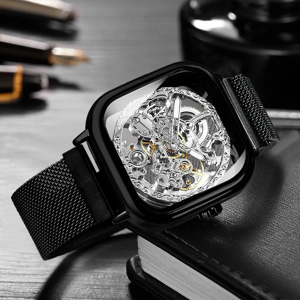 Vintage Gold Square Skeleton Automatic Mechanical Watch Engraving Movement Unisex Winding Watches for Men Stainless Steel Strap Forsining