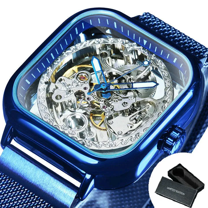 Vintage Gold Square Skeleton Automatic Mechanical Watch Engraving Movement Unisex Winding Watches for Men Stainless Steel Strap Forsining