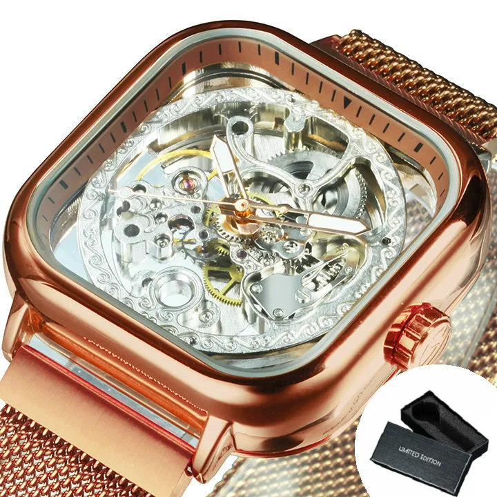 Vintage Gold Square Skeleton Automatic Mechanical Watch Engraving Movement Unisex Winding Watches for Men Stainless Steel Strap Forsining
