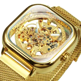 Vintage Gold Square Skeleton Automatic Mechanical Watch Engraving Movement Unisex Winding Watches for Men Stainless Steel Strap Forsining