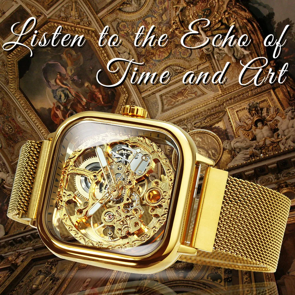 Vintage Gold Square Skeleton Automatic Mechanical Watch Engraving Movement Unisex Winding Watches for Men Stainless Steel Strap Forsining