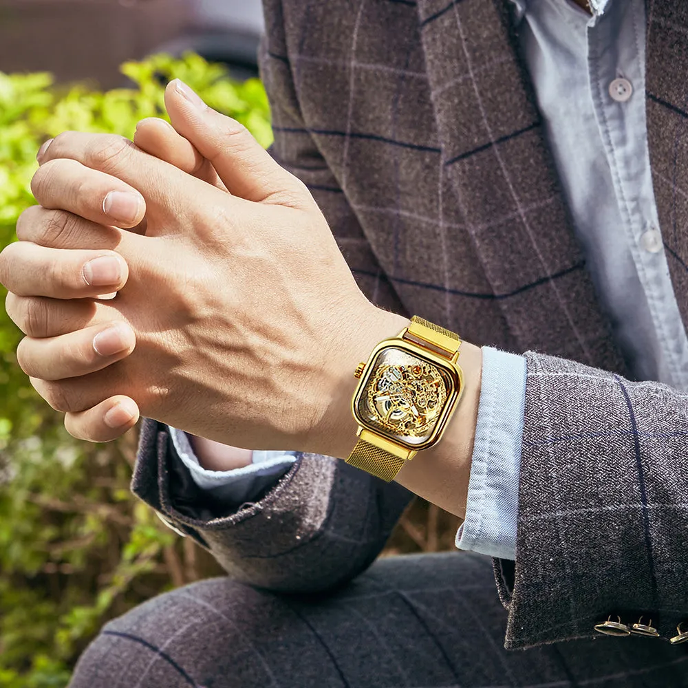 Vintage Gold Square Skeleton Automatic Mechanical Watch Engraving Movement Unisex Winding Watches for Men Stainless Steel Strap Forsining