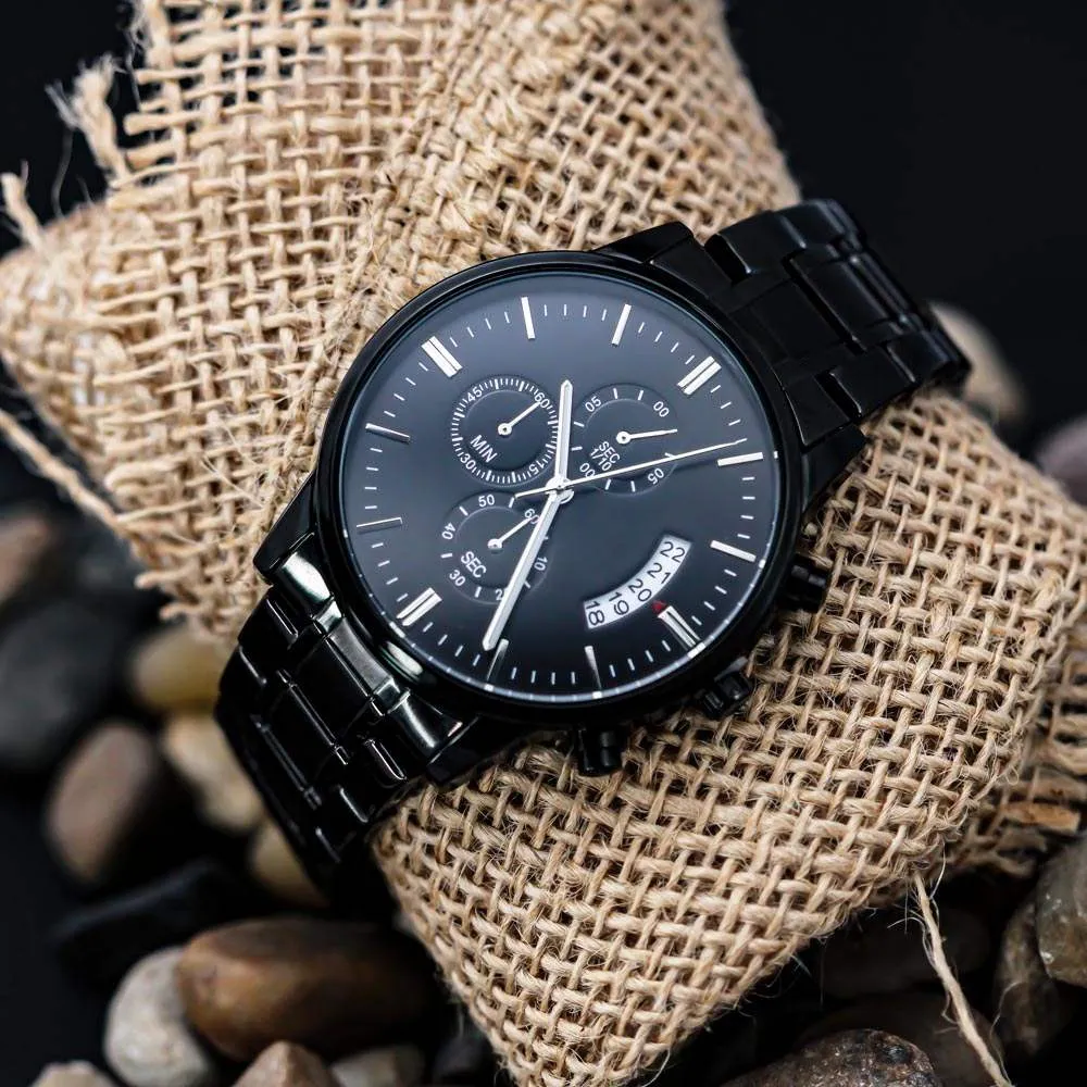 Watch - Man's Engraved Black Chronograph - Customize a Special Message to Him
