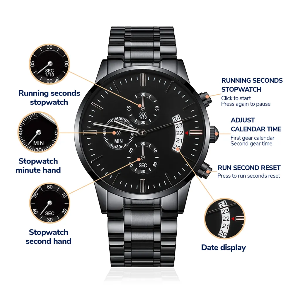Watch - Man's Engraved Black Chronograph - Customize a Special Message to Him