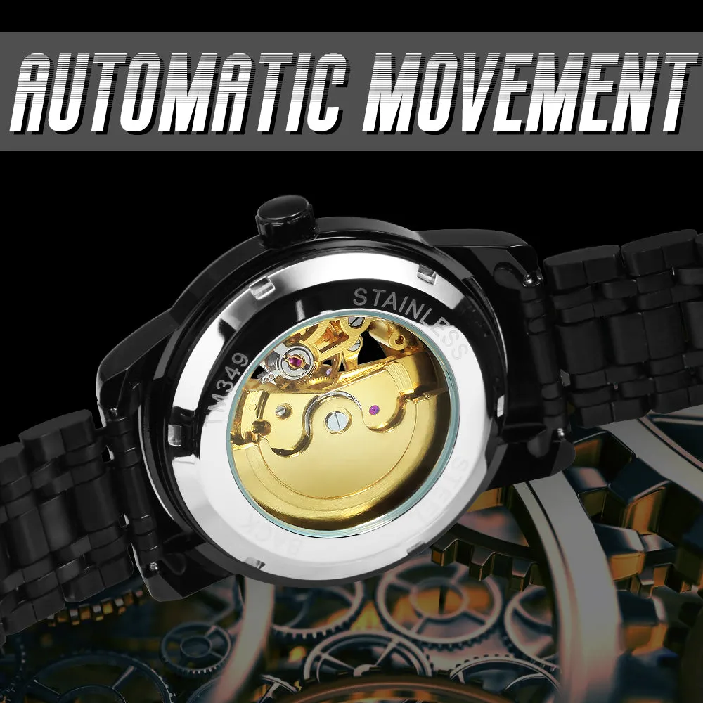 WINNER Black Gold Skeleton Automatic Mechanical Watch TM349 Stainless Steel Strap Fashion Diamond Luminous Hands Mens Watches