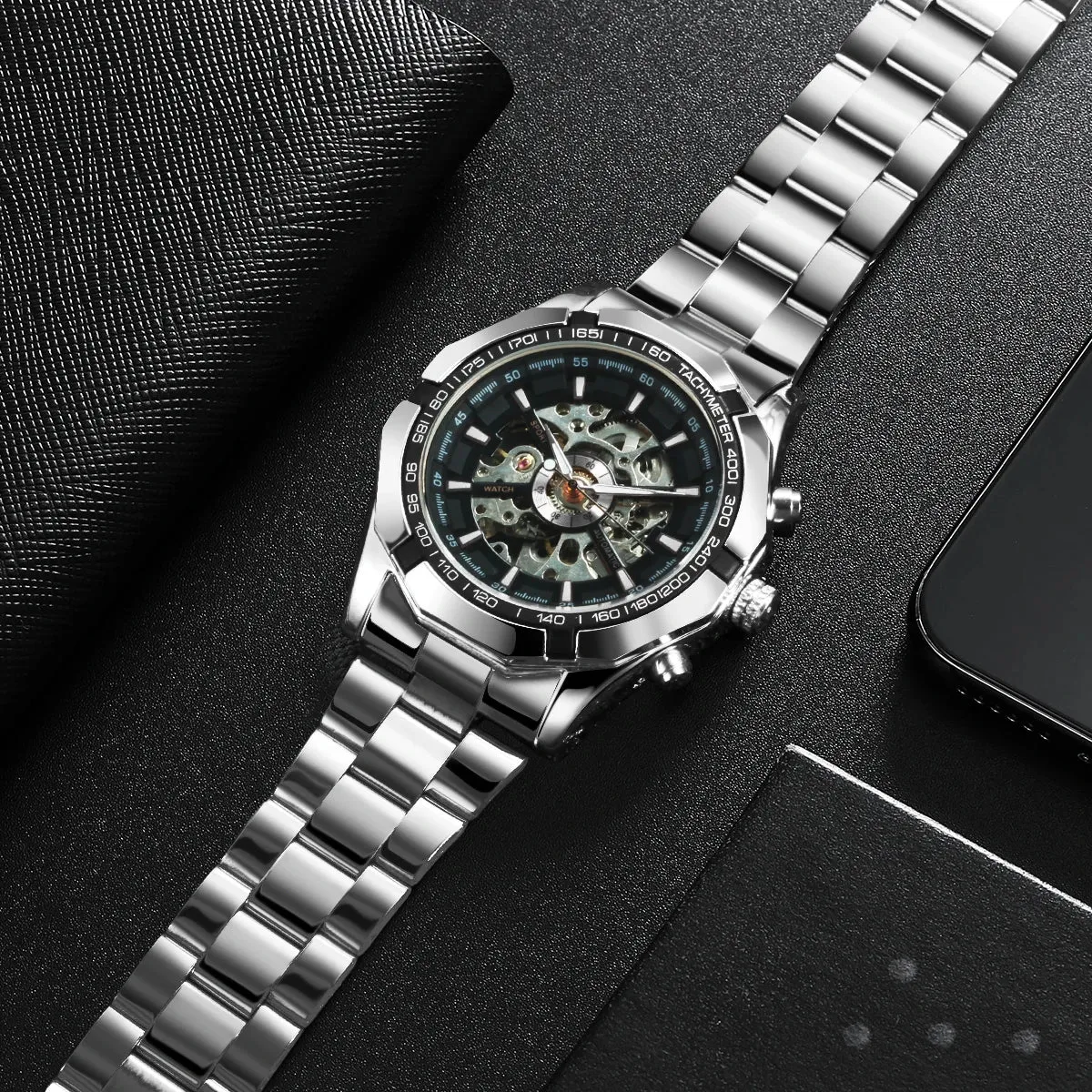 WINNER Classic Skeleton Watch for Men Luminous Hands Mechanical Watches Stainless Steel Strap Luxury Brand  Wristwatch