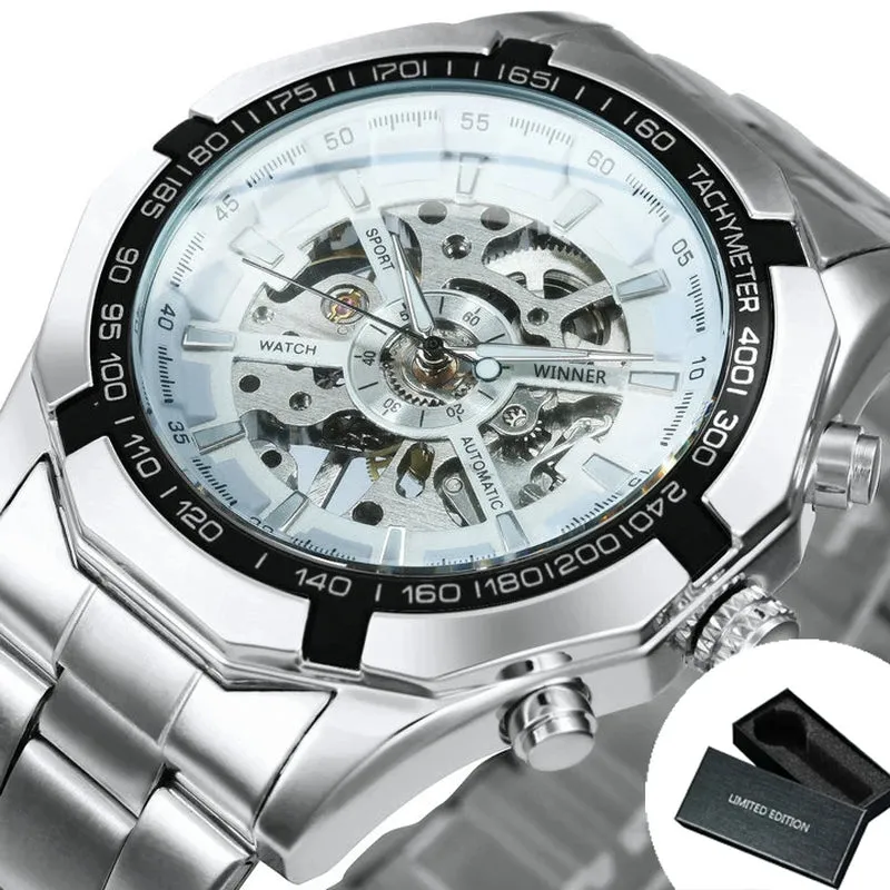 WINNER Classic Skeleton Watch for Men Luminous Hands Mechanical Watches Stainless Steel Strap Luxury Brand  Wristwatch