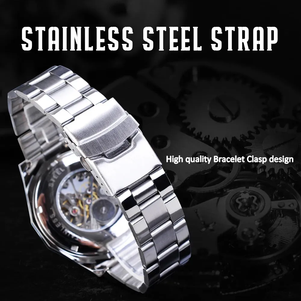 WINNER Classic Skeleton Watch for Men Luminous Hands Mechanical Watches Stainless Steel Strap Luxury Brand  Wristwatch