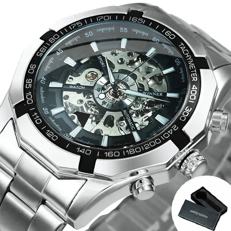 WINNER Classic Skeleton Watch for Men Luminous Hands Mechanical Watches Stainless Steel Strap Luxury Brand  Wristwatch