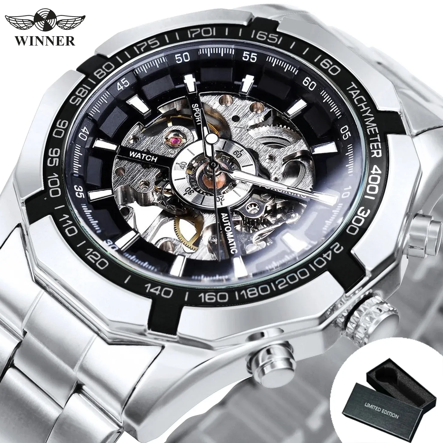 WINNER Classic Skeleton Watch for Men Luminous Hands Mechanical Watches Stainless Steel Strap Luxury Brand  Wristwatch