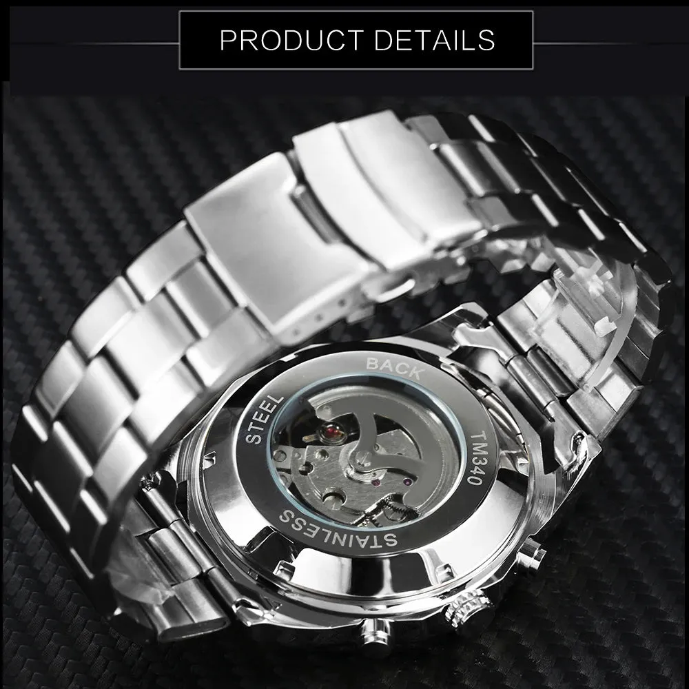 WINNER Classic Skeleton Watch for Men Luminous Hands Mechanical Watches Stainless Steel Strap Luxury Brand  Wristwatch