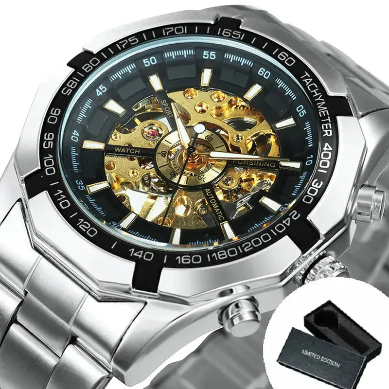 WINNER Classic Skeleton Watch for Men Luminous Hands Mechanical Watches Stainless Steel Strap Luxury Brand  Wristwatch