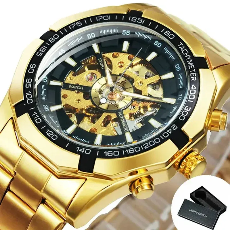 WINNER Classic Skeleton Watch for Men Luminous Hands Mechanical Watches Stainless Steel Strap Luxury Brand  Wristwatch