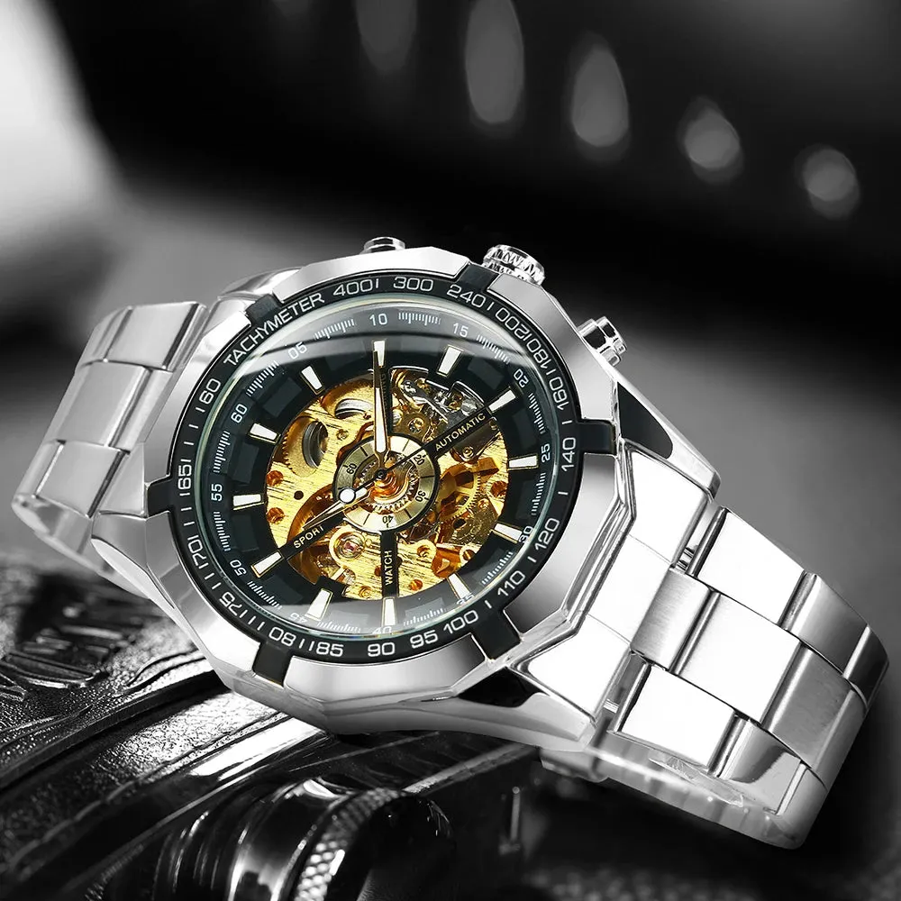 WINNER Classic Skeleton Watch for Men Luminous Hands Mechanical Watches Stainless Steel Strap Luxury Brand  Wristwatch