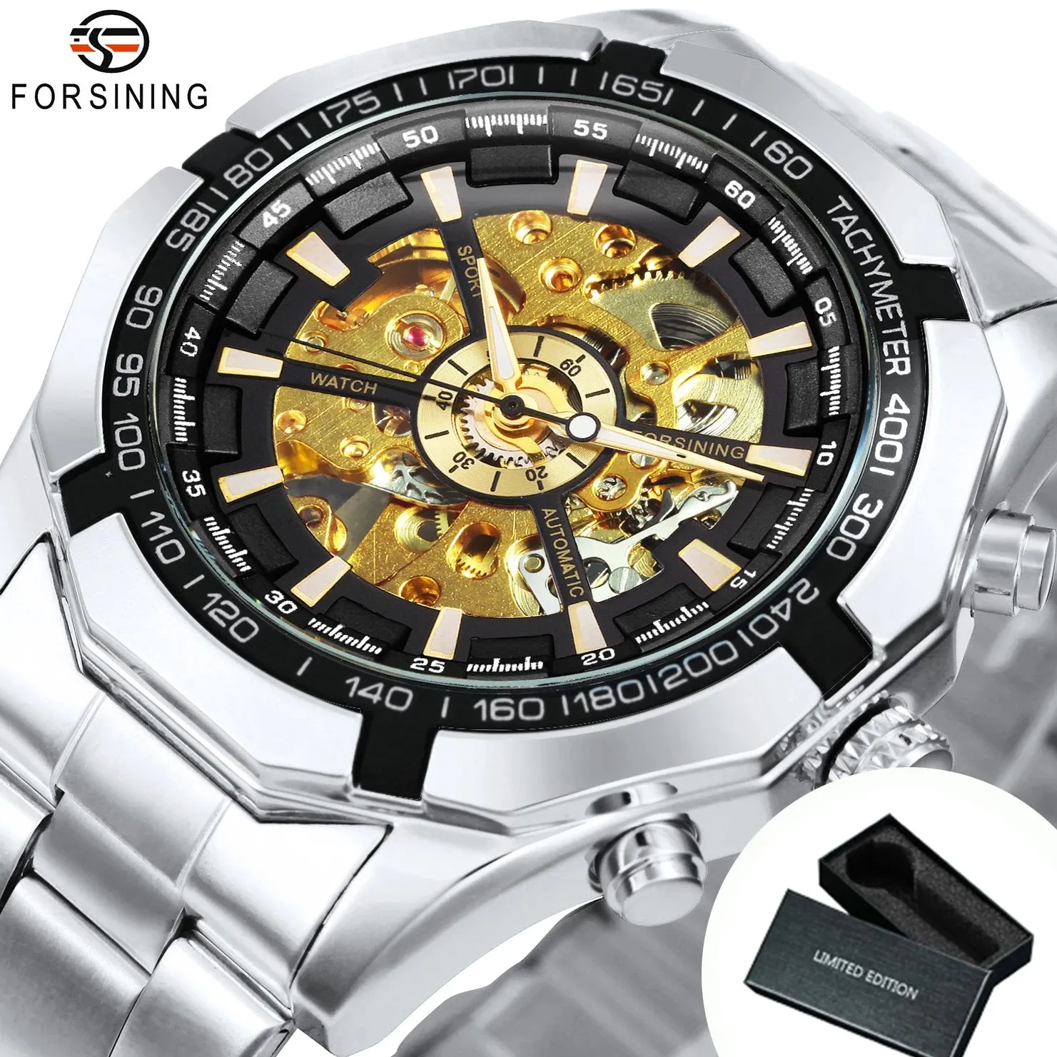 WINNER Classic Skeleton Watch for Men Luminous Hands Mechanical Watches Stainless Steel Strap Luxury Brand  Wristwatch
